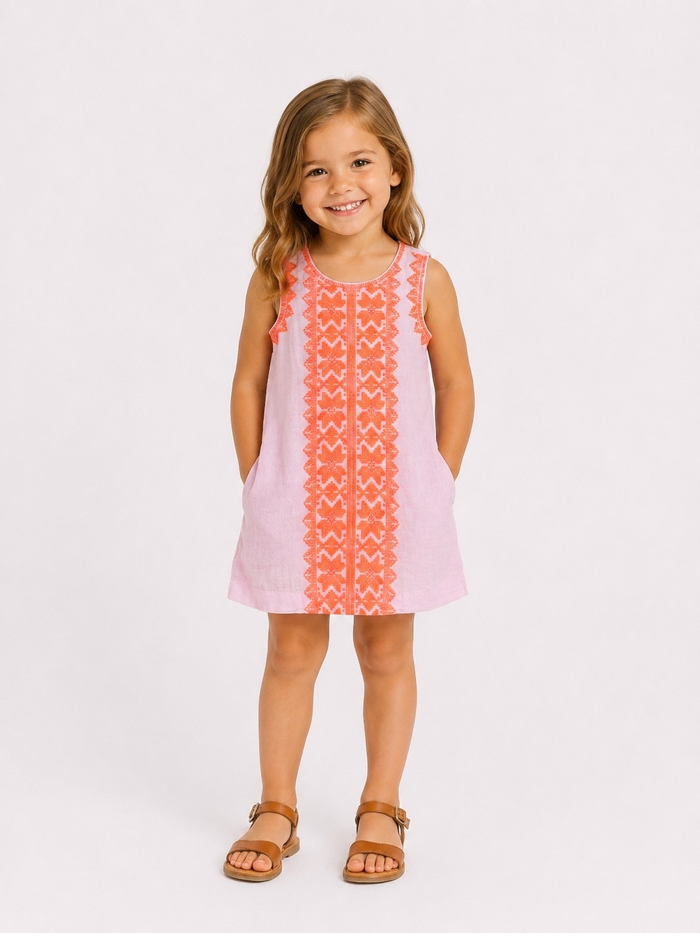 Crewcuts Size 4 Pink Dress with Coral Embroidered Panel Pockets